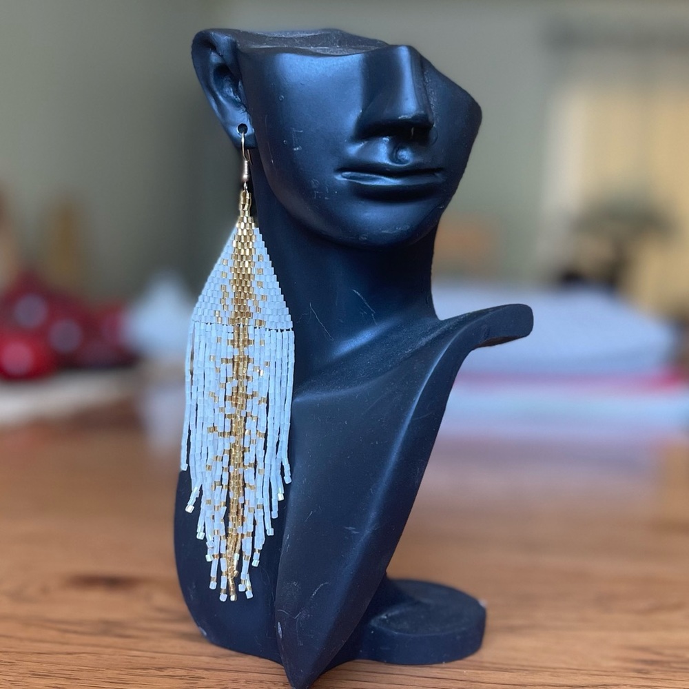 Natasha ivory gold beaded tassel long earrings new